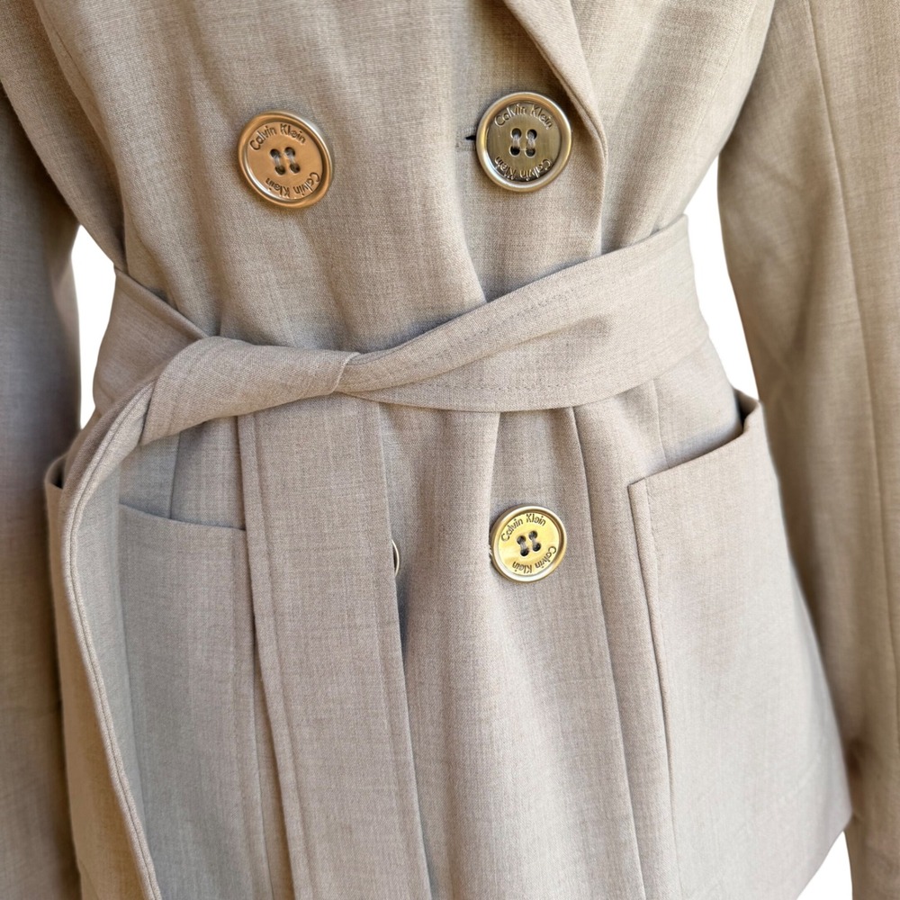 Calvin Klein Beige Stretch 2 Piece Skirt Suit Double Breasted Belted Women's 8 - Picture 3 of 11